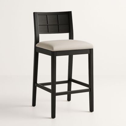 Sgabello Alto in Legno Nero con Seduta in Cotone Beige
