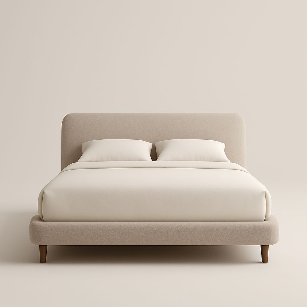 Letto matrimoniale in tessuto beige con gambe in legno