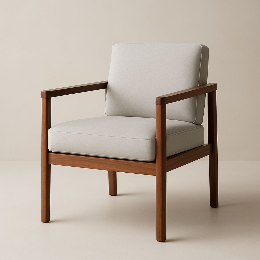 Poltrona in Legno Massello e Tessuto Grigio Chiaro