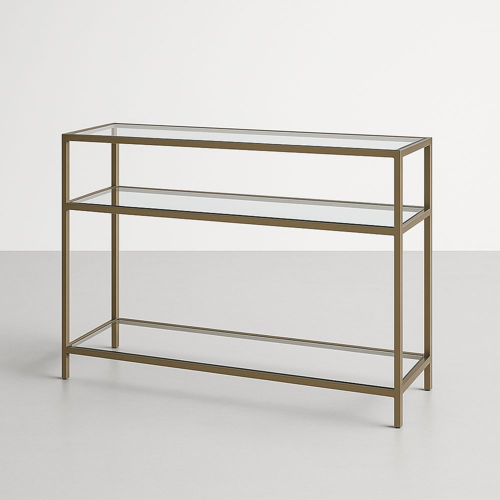 Consolle in vetro temperato e acciaio dorato con ripiani