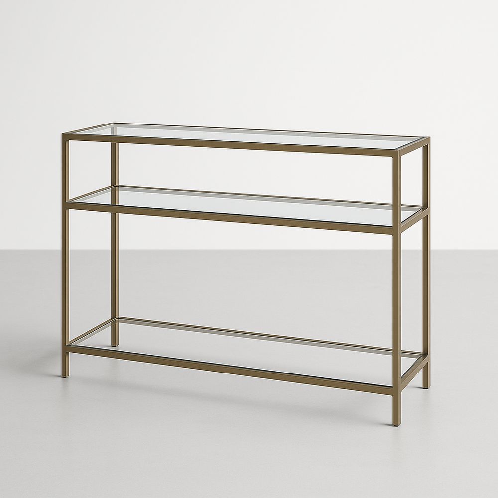 Consolle in vetro temperato e acciaio dorato con ripiani