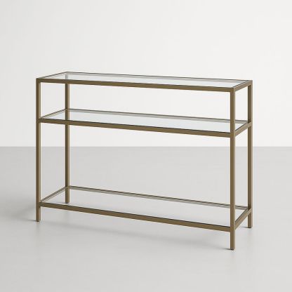 Consolle in vetro temperato e acciaio dorato con ripiani