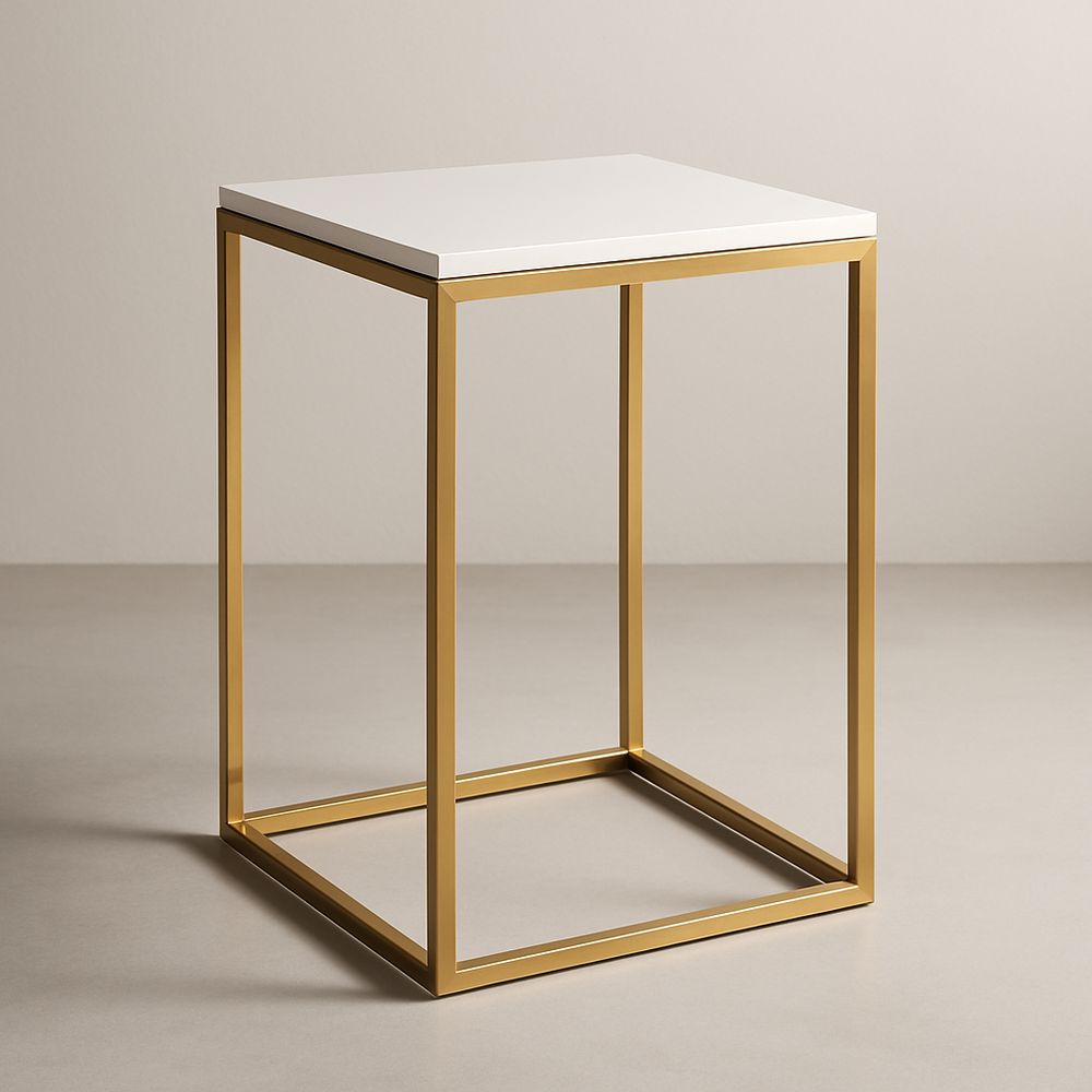 Tavolino quadrato bianco con dettagli in metallo dorato, 40x40x60 cm