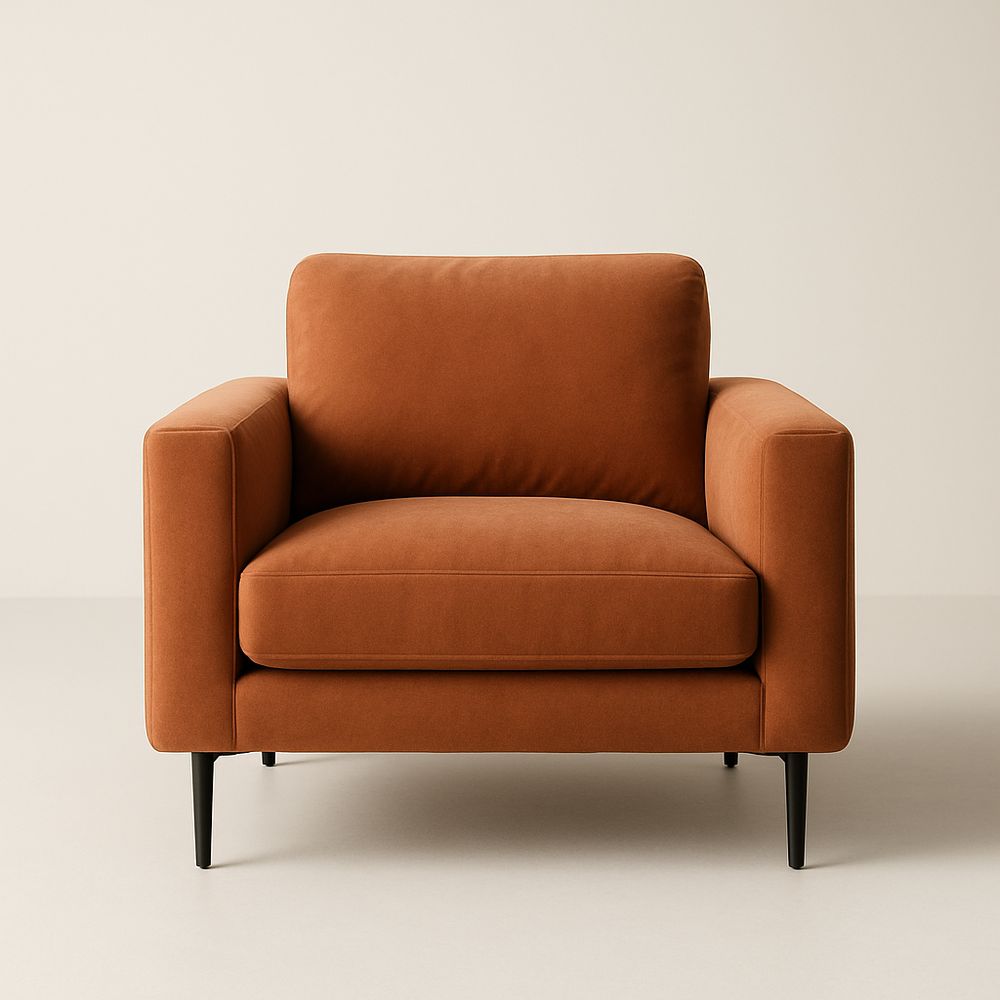 Poltrona in tessuto arancione con gambe in metallo