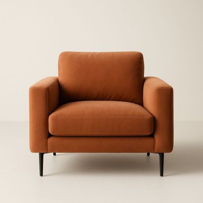 Poltrona in tessuto arancione con gambe in metallo