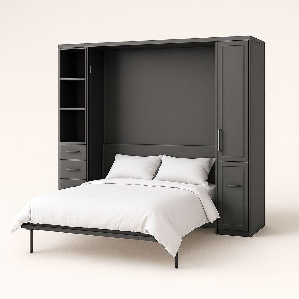 Letto contenitore in legno e metallo con armadio integrato, 210x160x40 cm