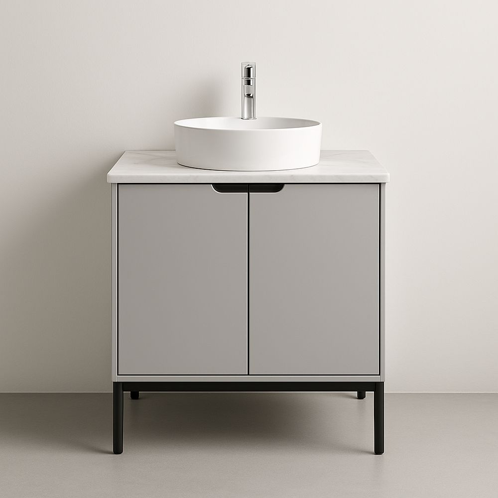 Lavabo rotondo in ceramica con mobiletto grigio e piano in marmo