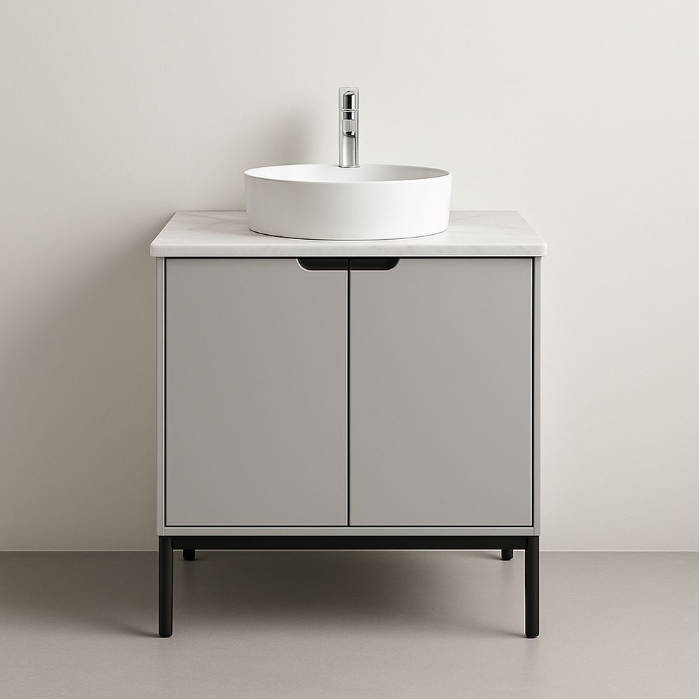 Lavabo rotondo in ceramica con mobiletto grigio e piano in marmo