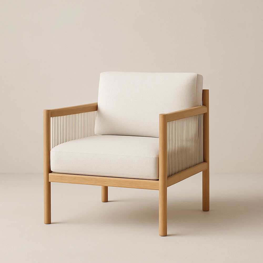 Poltrona in Rovere con Cuscini in Tessuto Crema