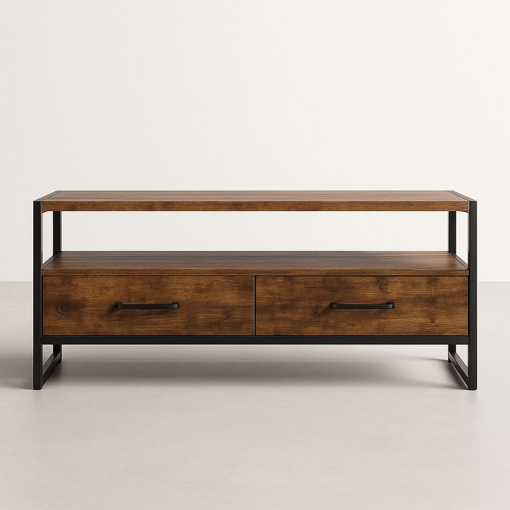 Mobile TV in legno di pino e metallo con 2 cassetti