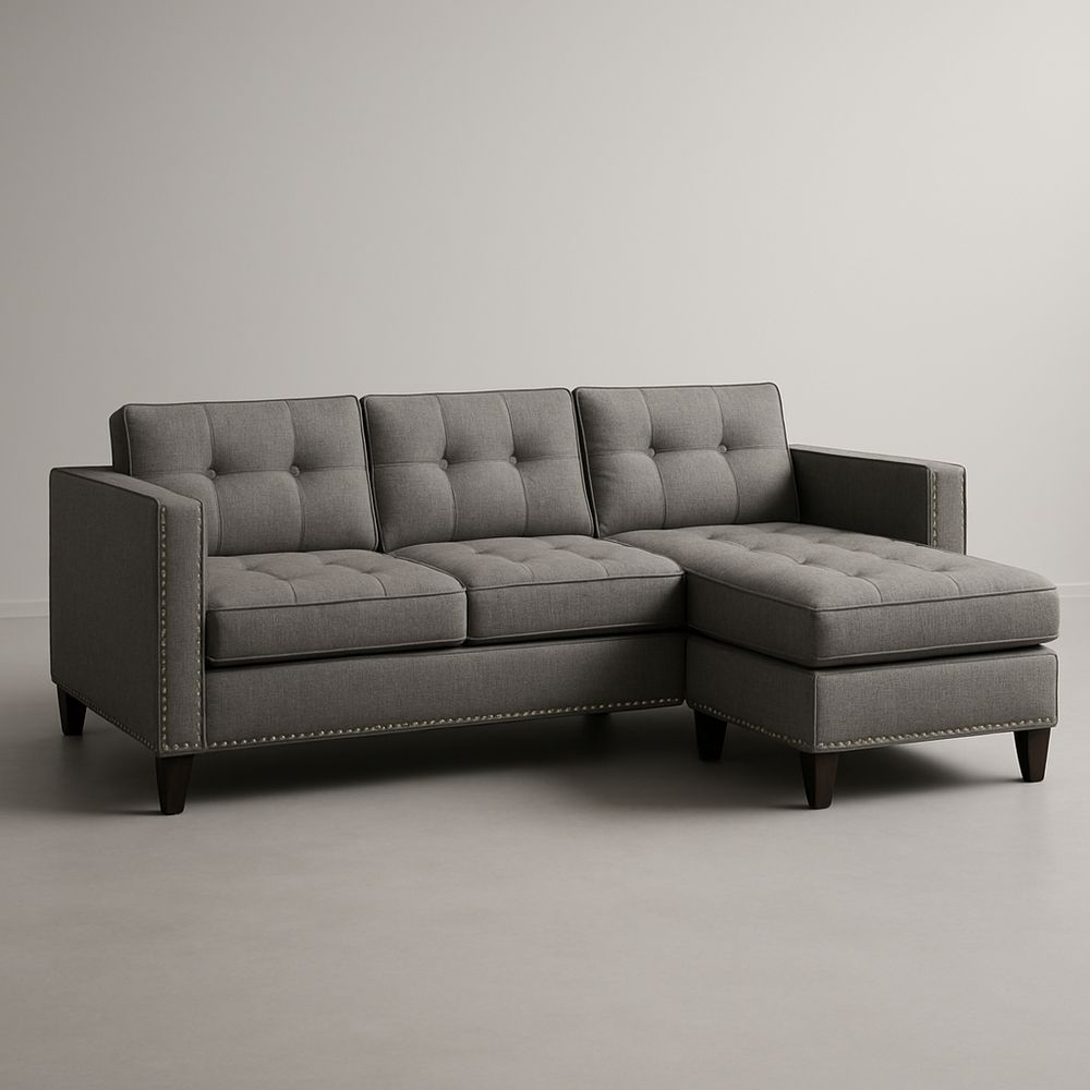 Divano angolare in tessuto grigio con chaise longue