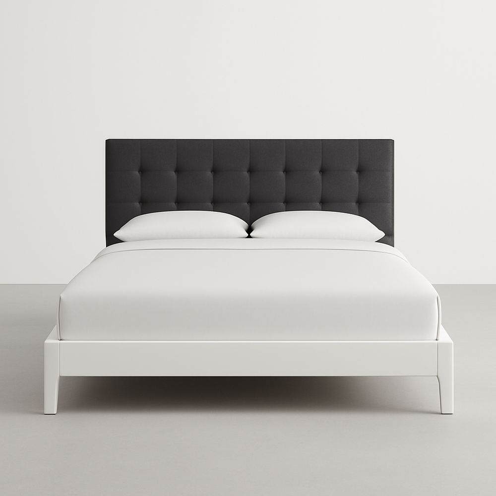 Letto matrimoniale con testiera imbottita tessuto grigio scuro e struttura legno bianco 200x160x110 cm