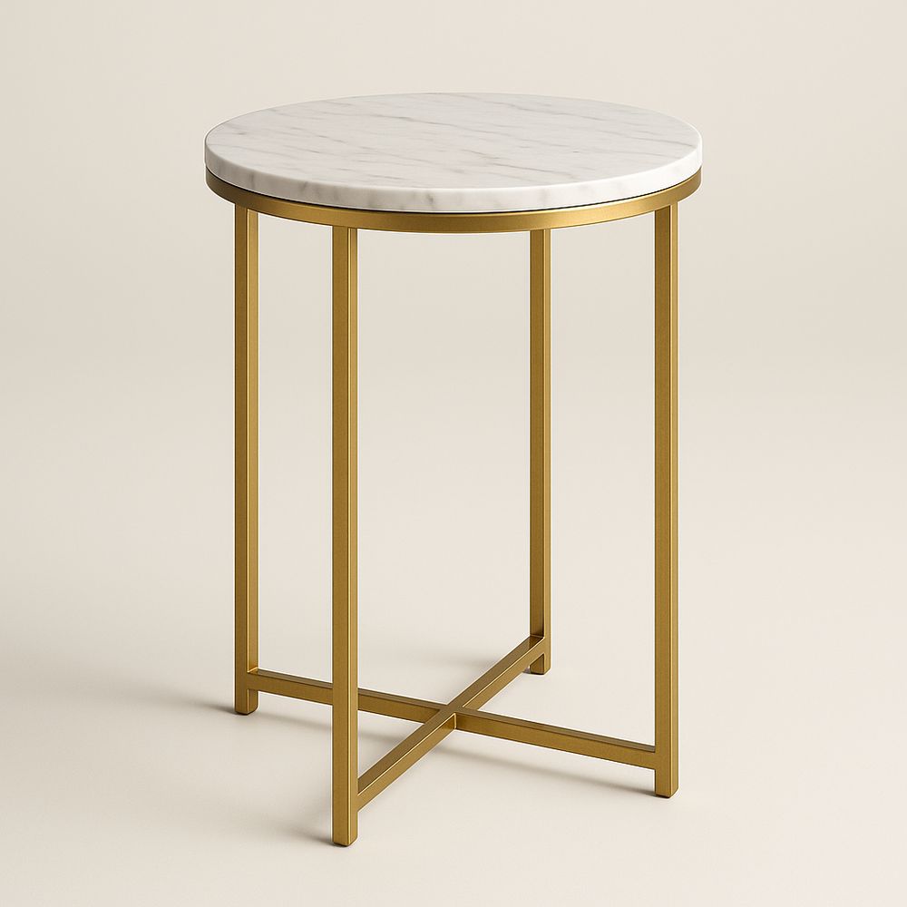 Tavolino Rotondo in Marmo Bianco e Metallo Dorato