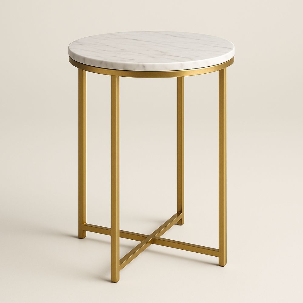 Tavolino Rotondo in Marmo Bianco e Metallo Dorato