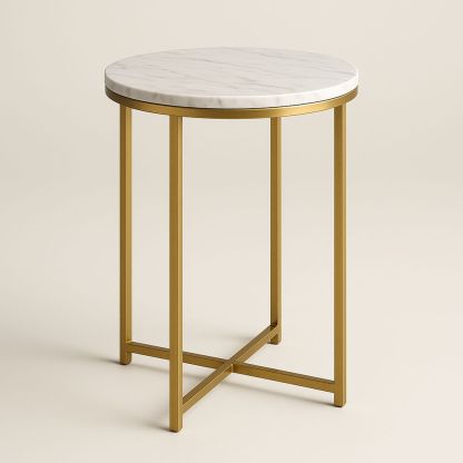 Tavolino Rotondo in Marmo Bianco e Metallo Dorato
