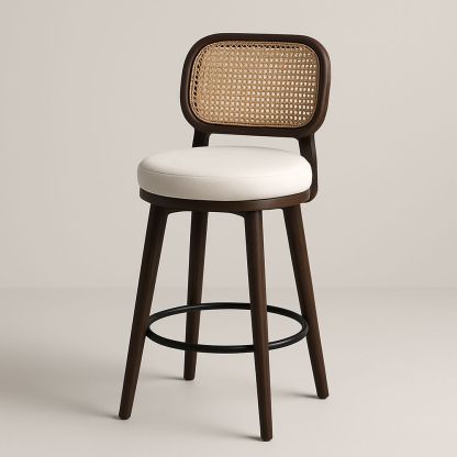 Sgabello in Legno con Seduta Imbottita in Poliestere Bianco e Schienale in Rattan