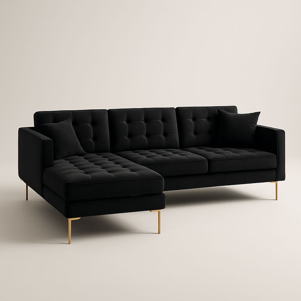 Divano angolare in velluto nero con gambe in metallo 300x200x85cm