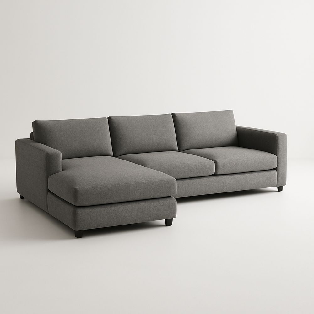 Divano angolare in tessuto grigio con chaise longue