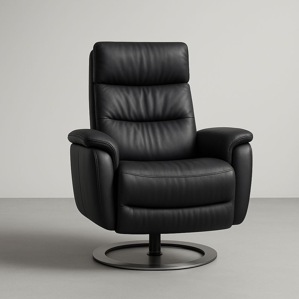Poltrona reclinabile in pelle nera con base metallica