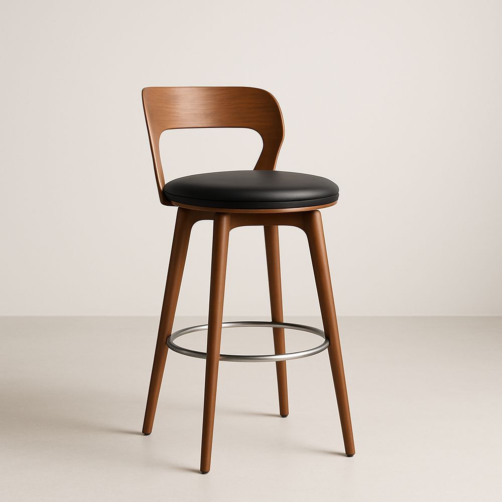 Sgabello in Legno e Pelle PU con Poggiapiedi in Acciaio