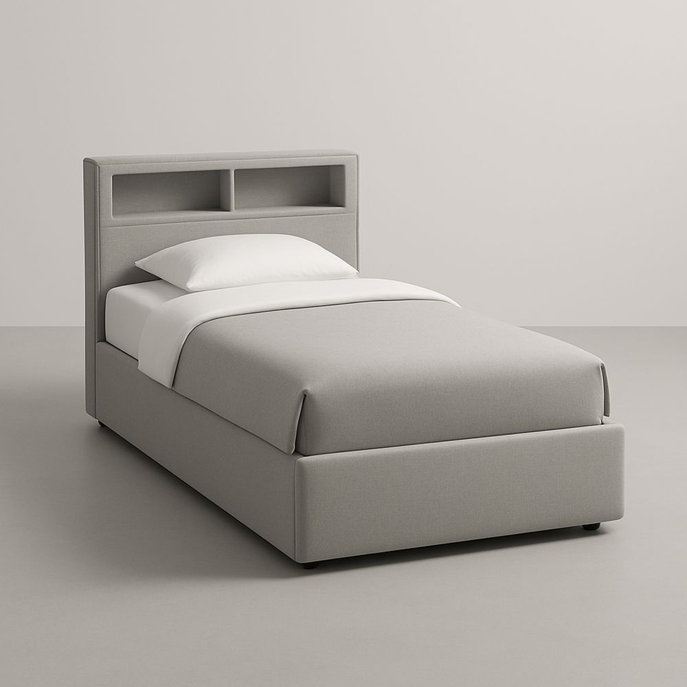 Letto singolo con testiera contenitore in legno e tessuto grigio 200x90 cm