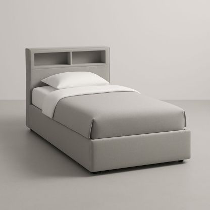 Letto singolo con testiera contenitore in legno e tessuto grigio 200x90 cm