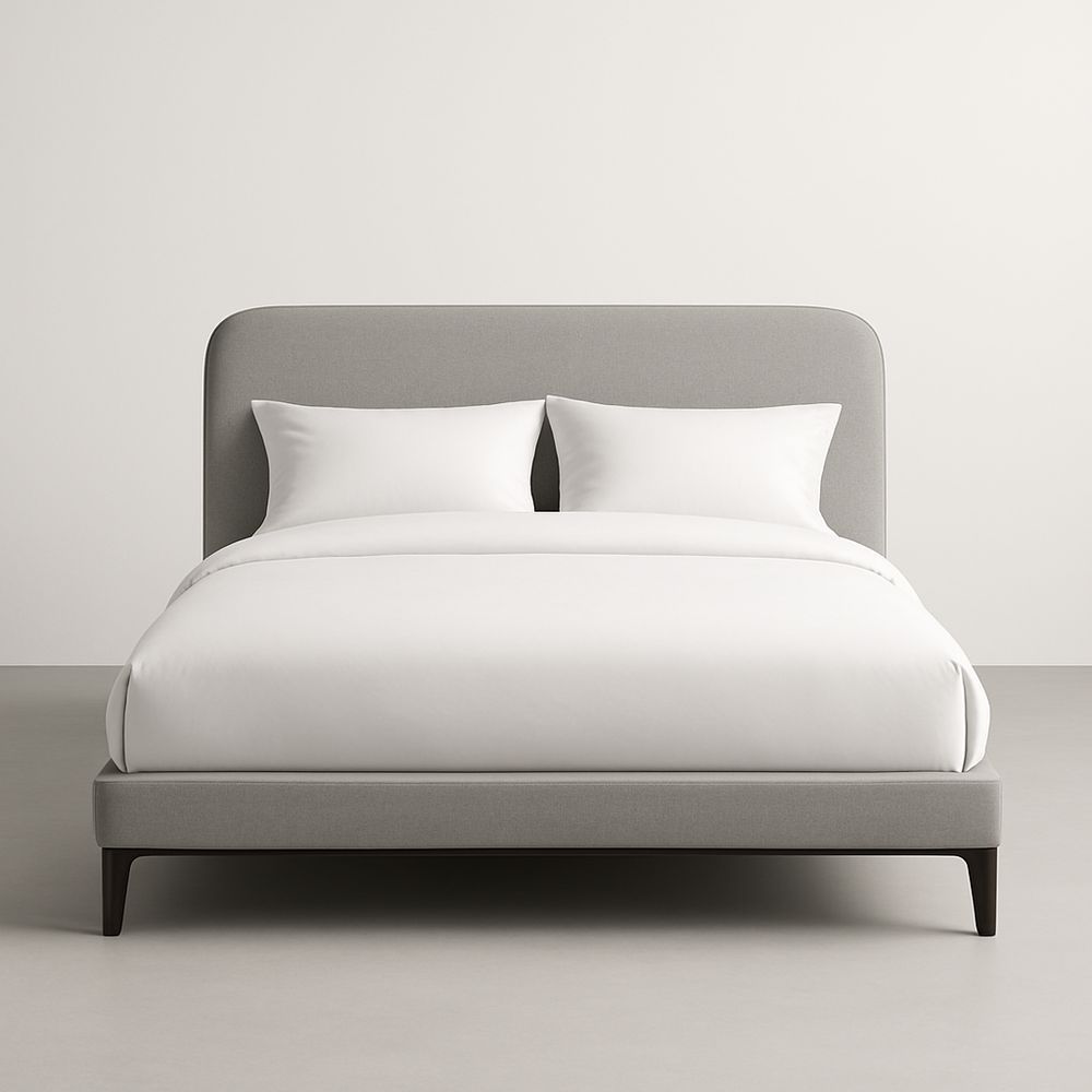 Letto matrimoniale in legno con rivestimento in tessuto grigio