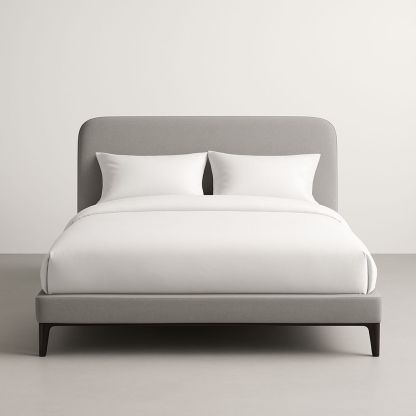 Letto matrimoniale in legno con rivestimento in tessuto grigio