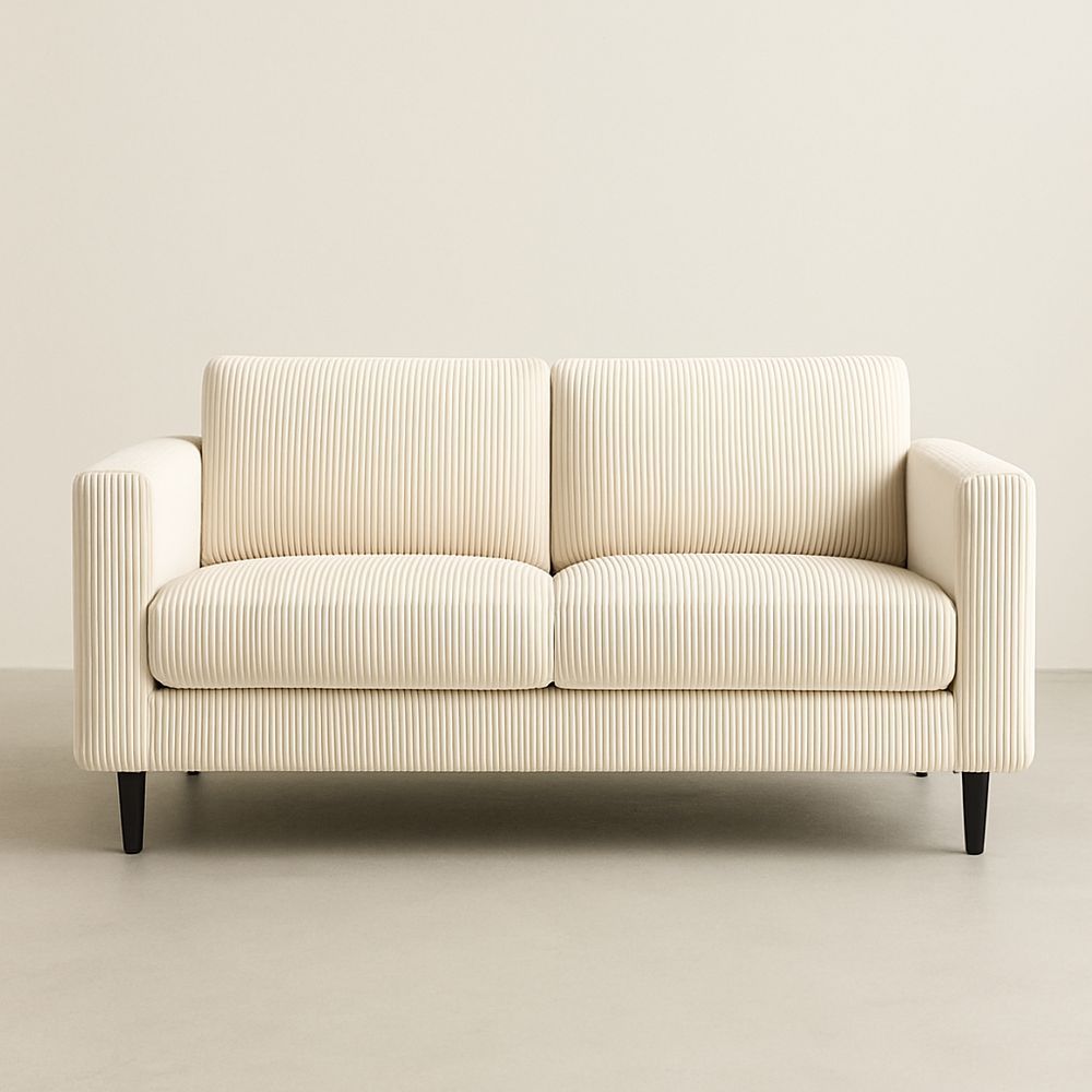 Divano a Due Posti in Tessuto Crema con Gambe in Legno