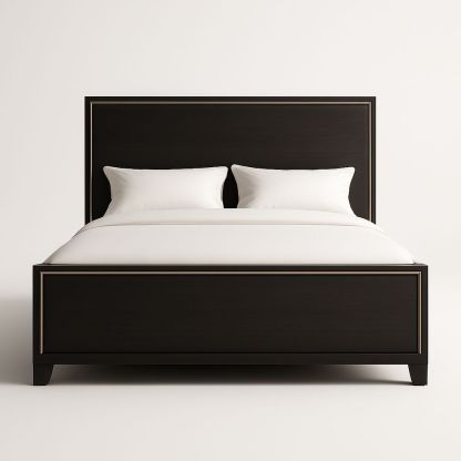 Letto matrimoniale in legno nero con cuscini bianchi