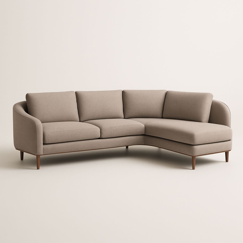 Divano Angolare in Tessuto Beige con Struttura in Legno