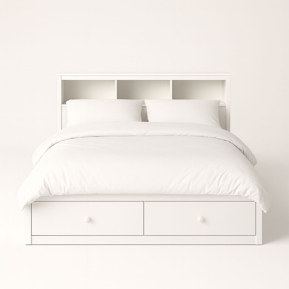 Letto matrimoniale con testiera libreria e cassetti in legno bianco