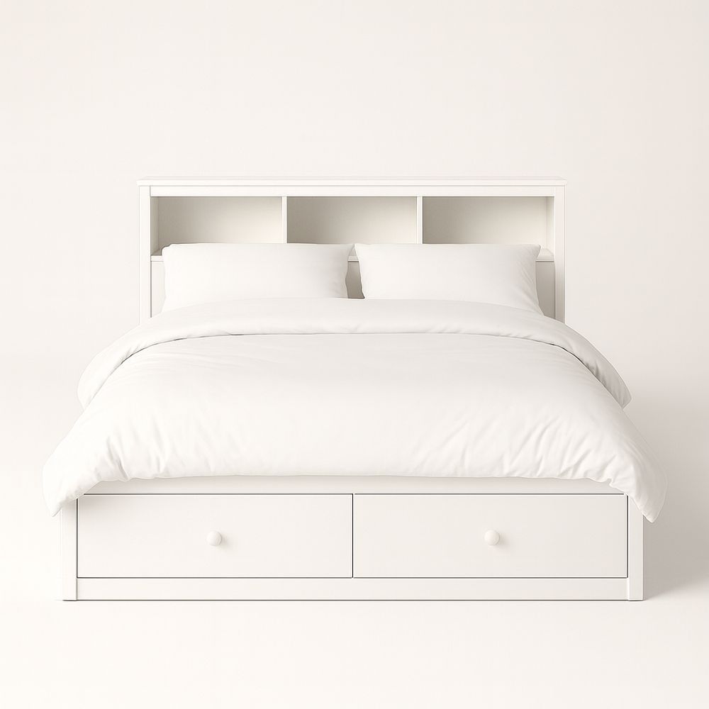 Letto matrimoniale con testiera libreria e cassetti in legno bianco