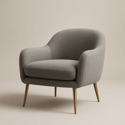 Poltrona in tessuto grigio con gambe in metallo dorato