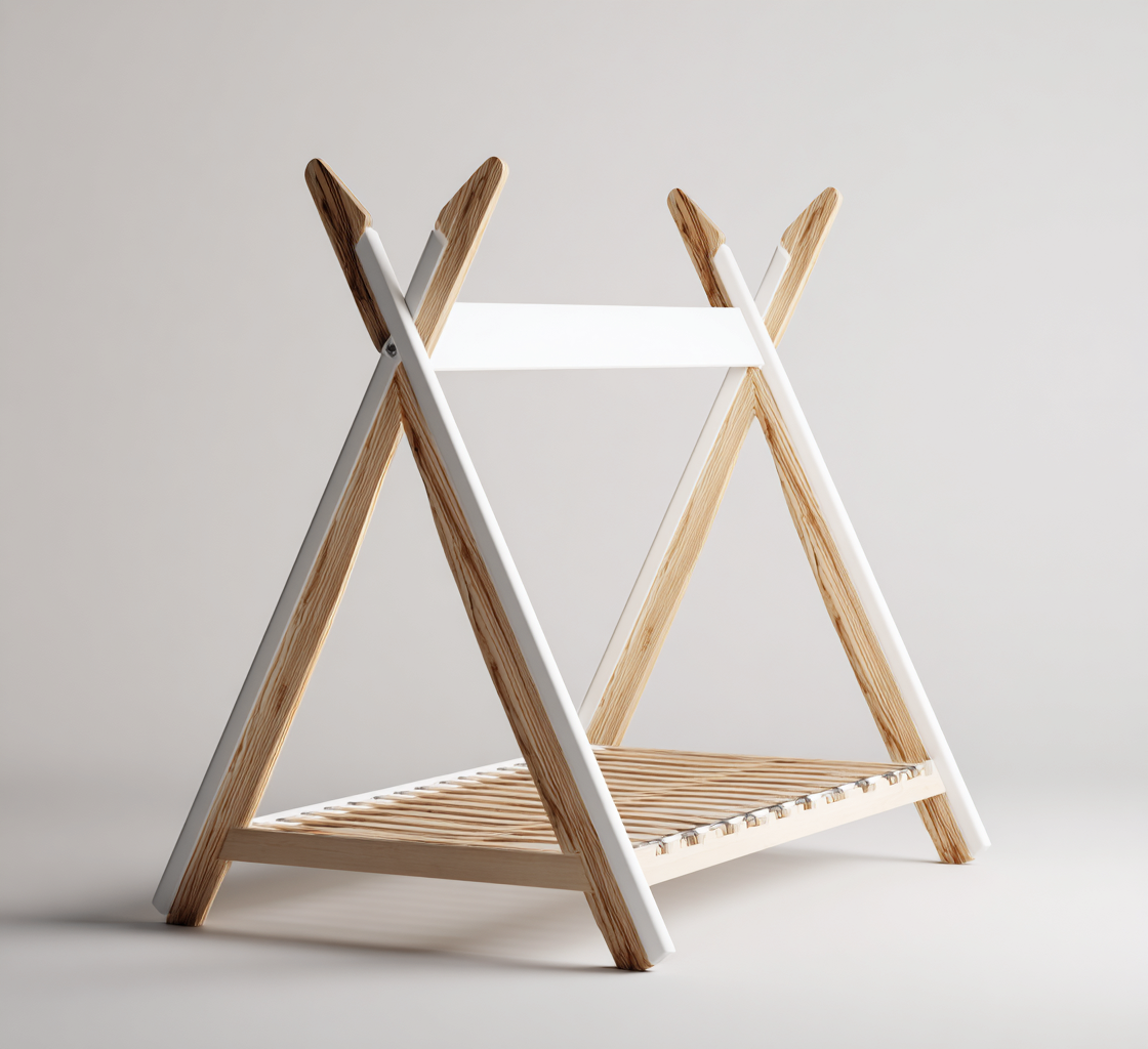 Cama infantil - madera - 160x80x130 cm - blanco-natural - diseño tipi escandinavo-Domainovae