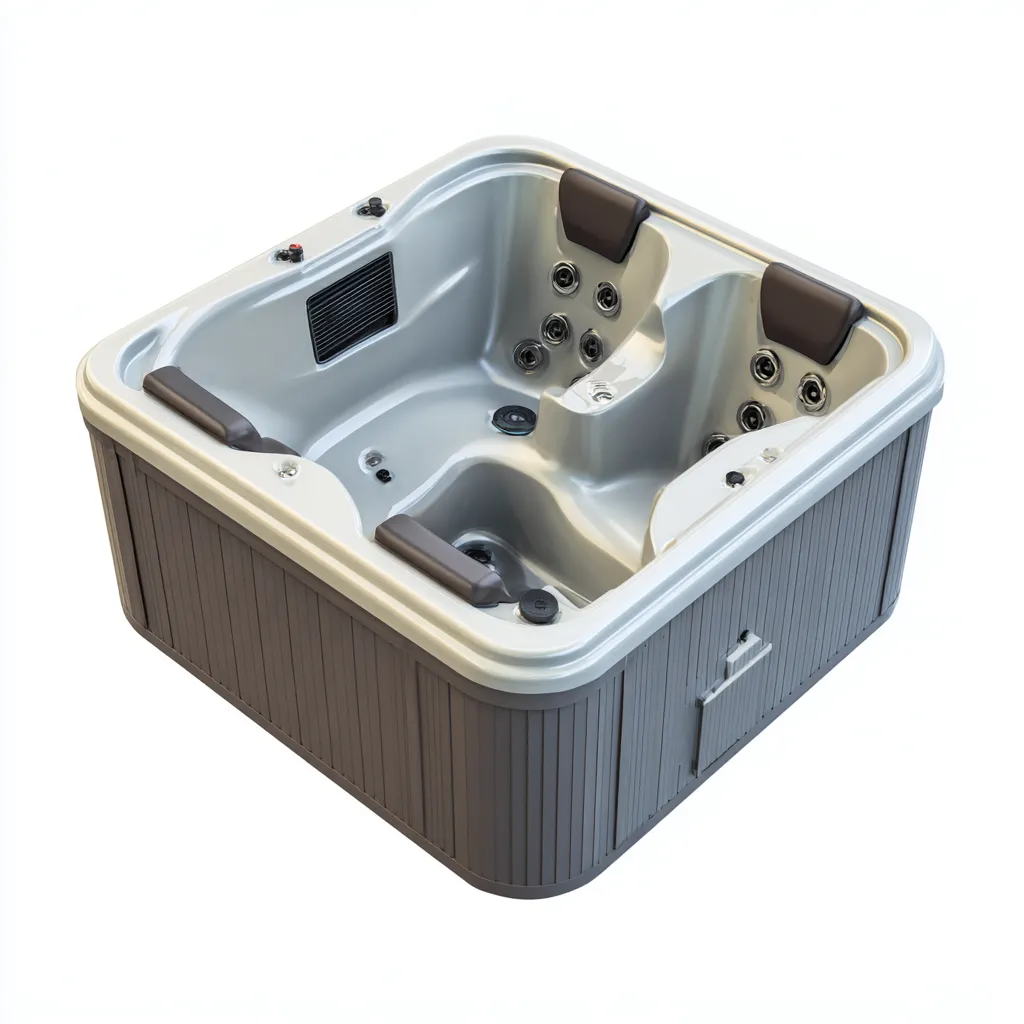 Bañera de hidromasaje - acrílico-madera sintética - 190x160x90 cm - gris-marrón - diseño moderno para 3 personas con chorros de masaje y sistema ergonómico de asientos-Domainovae