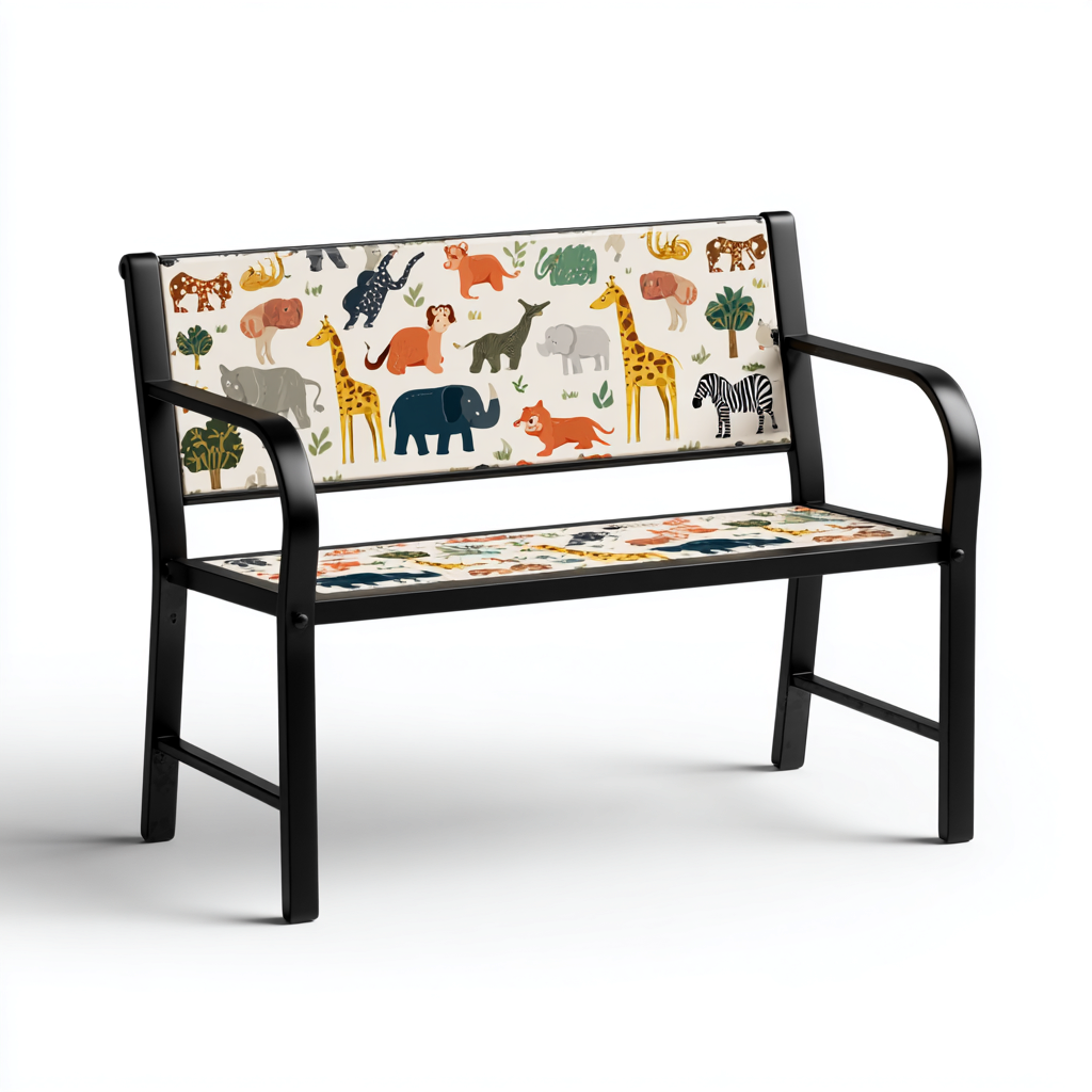 Banco de jardín - metal - panel impreso - 80x40x55 cm - negro-multicolor - diseño infantil de animales-Domainovae