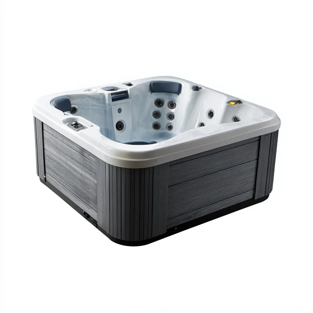 Bañera de hidromasaje - acrílico - 200x200x90 cm - gris-blanco - diseño moderno para 3 personas con chorros de masaje y asientos ergonómicos-Domainovae