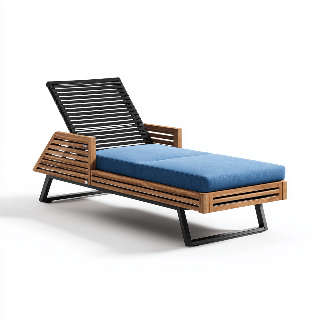 Tumbona de jardín - madera-metal - 200x75x85 cm - azul-negro-natural - diseño moderno reclinable para exterior-Domainovae