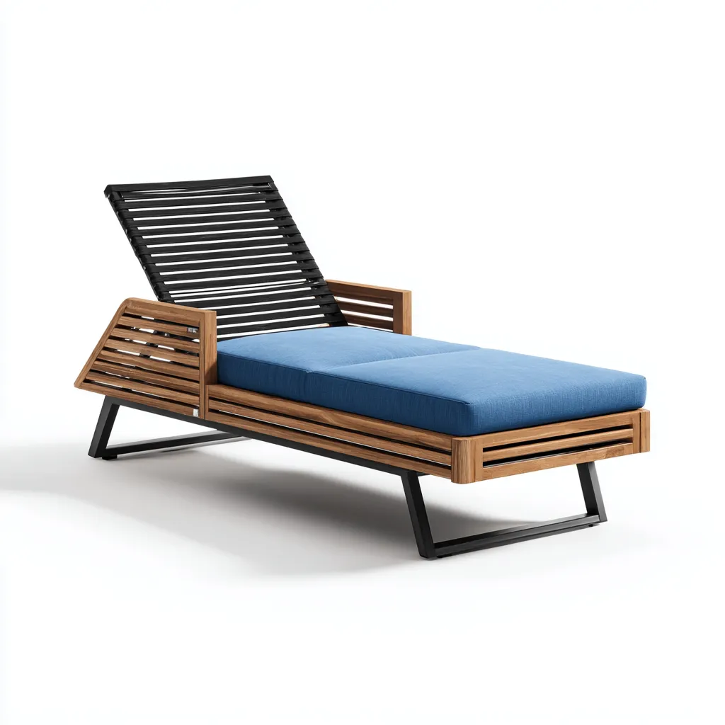 Tumbona de jardín - madera-metal - 200x75x85 cm - azul-negro-natural - diseño moderno reclinable para exterior-Domainovae