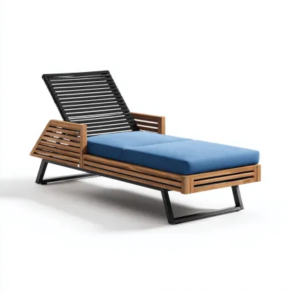 Tumbona de jardín - madera-metal - 200x75x85 cm - azul-negro-natural - diseño moderno reclinable para exterior-Domainovae
