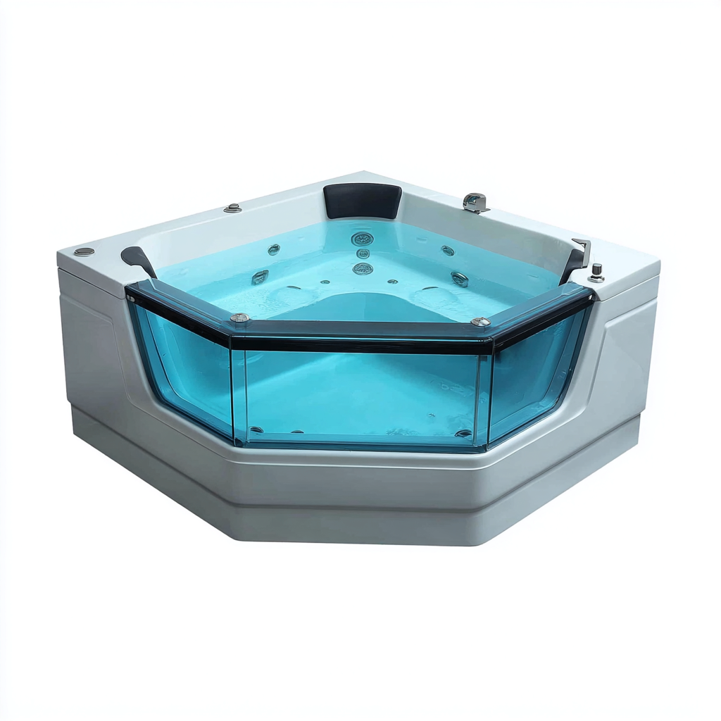 Bañera de hidromasaje - acrílico-vidrio templado - 160x160x75 cm - blanco-azul - diseño moderno para 2 personas con chorros de masaje e iluminación LED-Domainovae