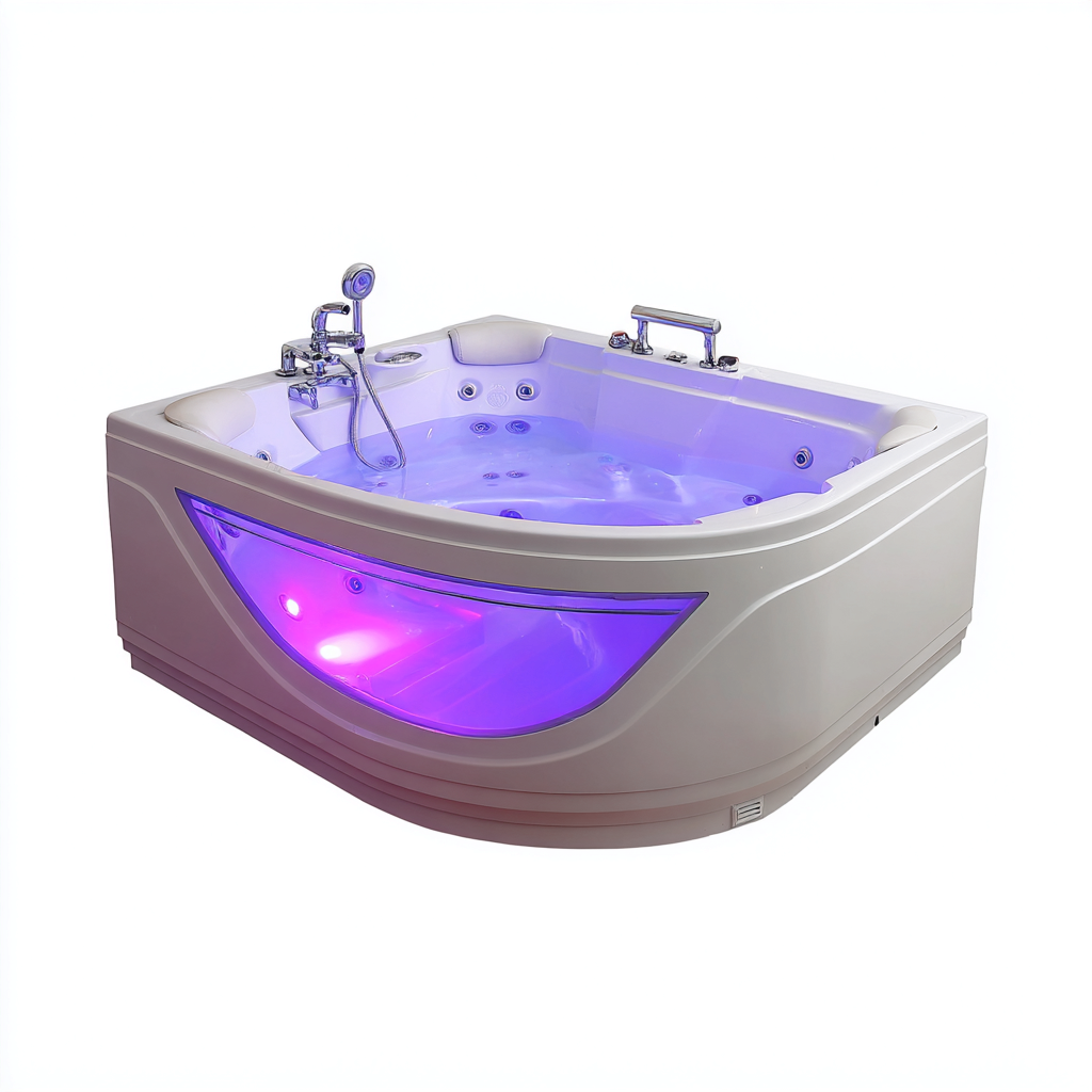 Bañera de hidromasaje - acrílico-vidrio templado - 170x120x70 cm - blanco - diseño moderno para 2 personas con iluminación LED y chorros de masaje-Domainovae