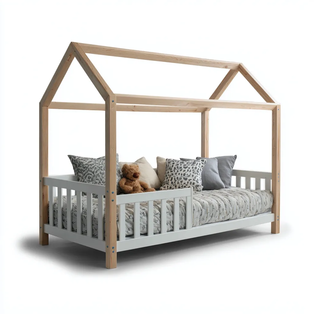 Cama infantil - madera - 160x90x150 cm - natural-gris - diseño casita-Domainovae