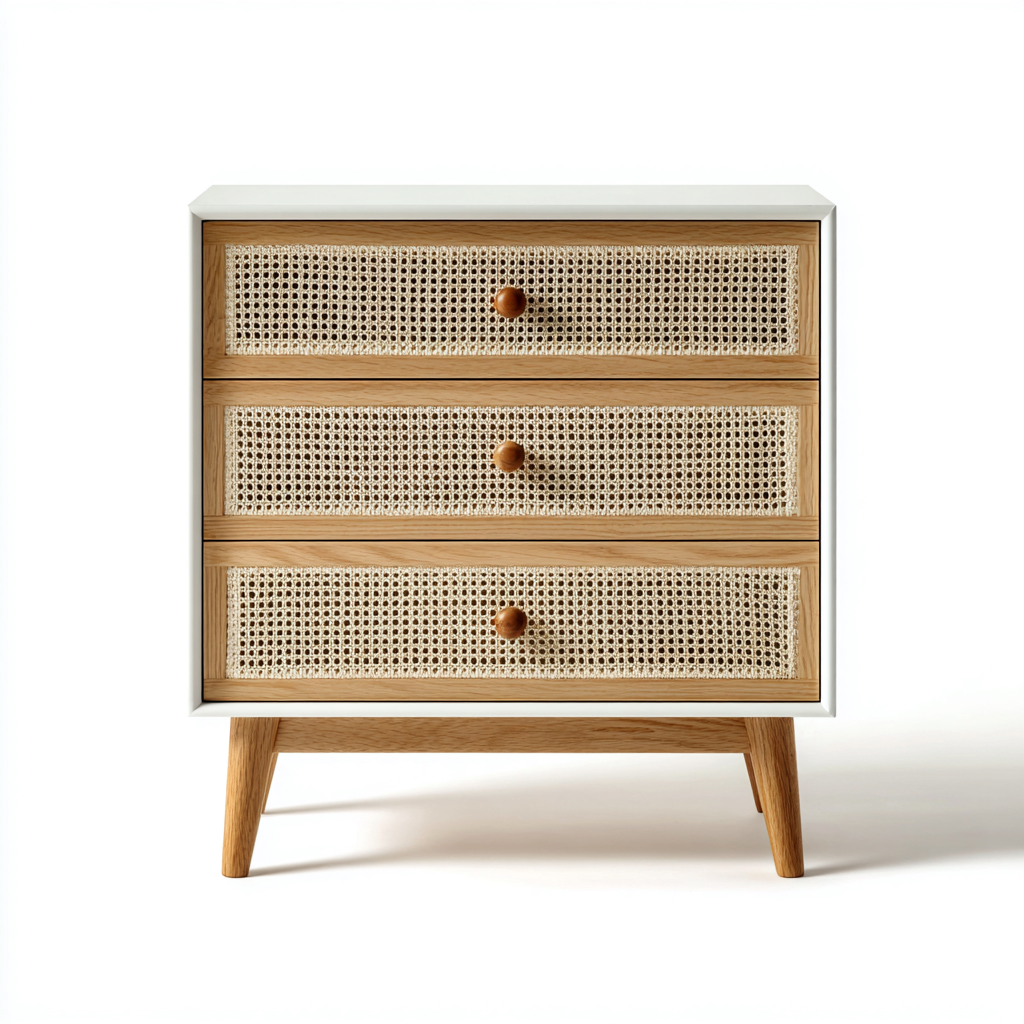 Cómoda - madera-MDF-ratán - 72x40x82 cm - blanco-madera - estilo natural-Domainovae