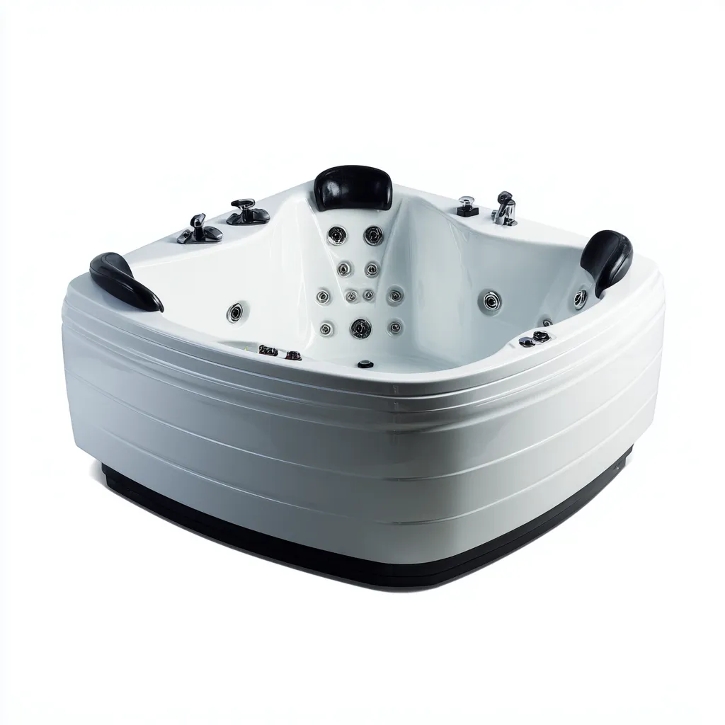 Bañera de hidromasaje - acrílico - 160x160x72 cm - blanco - diseño moderno para 3 personas con chorros de masaje y reposacabezas acolchados-Domainovae