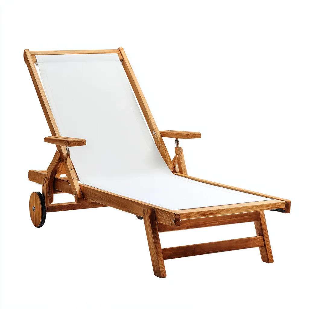 Tumbona de jardín - madera de teca-textileno - 200x65x85 cm - blanco-natural - diseño clásico con ruedas ajustables-Domainovae