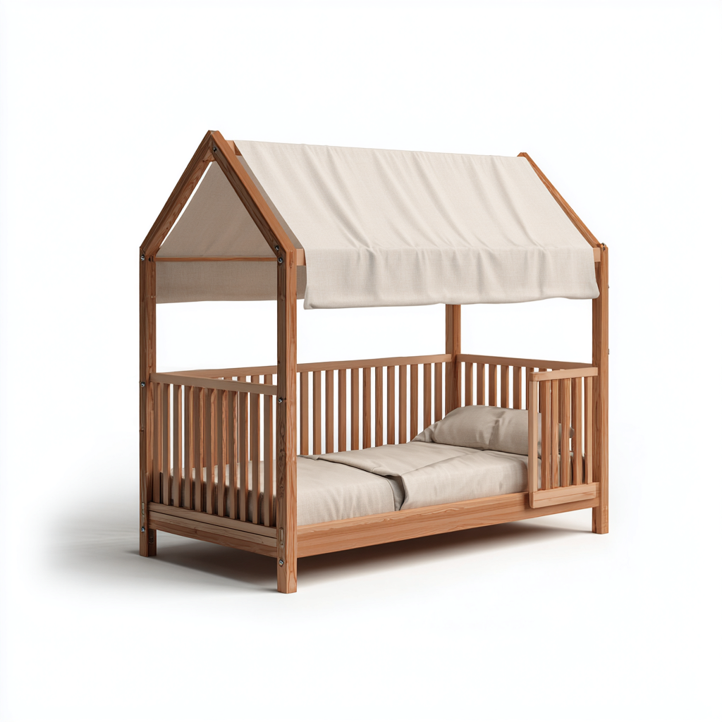 Cama infantil - madera - 140x80x150 cm - beige-natural - diseño casita-Domainovae