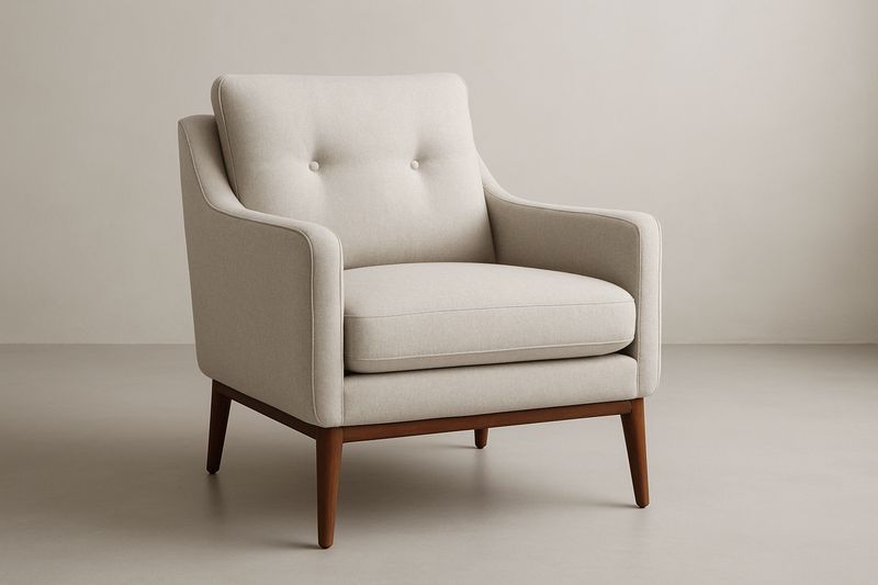 Poltrona in tessuto di poliestere beige con struttura in legno massello. Include cuscino.-Jardinmarie