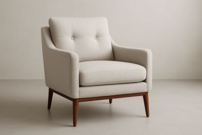 Poltrona in tessuto di poliestere beige con struttura in legno massello. Include cuscino.-Jardinmarie